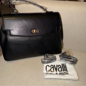 Cavalli Class Black Faux Leather Satchel Shoulder Bag Purse W/ Gold Hardware